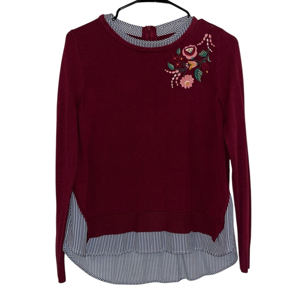 Burgundy Floral Embroidered Sweater with Striped Hem